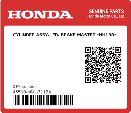 Product image: Honda - 45500-MN1-711ZA - CYLINDER ASSY., FR. BRAKE MASTER *NH138*  0