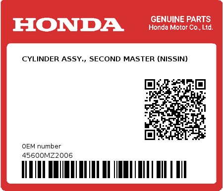 Product image: Honda - 45600MZ2006 - CYLINDER ASSY., SECOND MASTER (NISSIN)  0