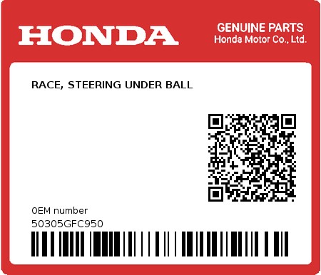 Product image: Honda - 50305GFC950 - RACE, STEERING UNDER BALL  0