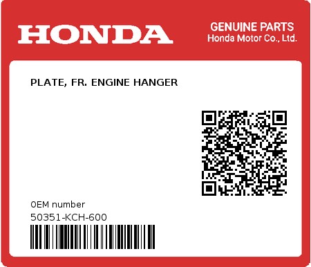 Product image: Honda - 50351-KCH-600 - PLATE, FR. ENGINE HANGER  0