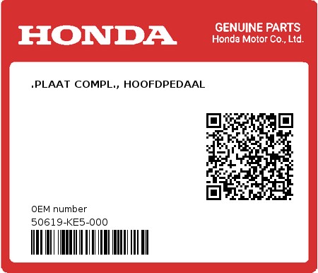 Product image: Honda - 50619-KE5-000 - .PLAAT COMPL., HOOFDPEDAAL  0