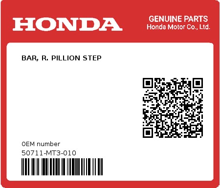 Product image: Honda - 50711-MT3-010 - BAR, R. PILLION STEP  0