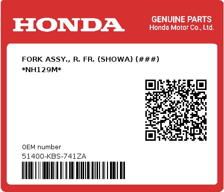 Product image: Honda - 51400-KBS-741ZA - FORK ASSY., R. FR. (SHOWA) (###) *NH129M*  0