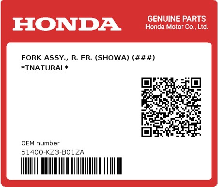 Product image: Honda - 51400-KZ3-B01ZA - FORK ASSY., R. FR. (SHOWA) (###) *TNATURAL*  0