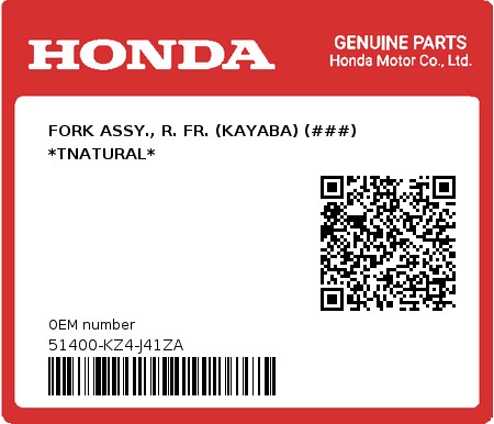 Product image: Honda - 51400-KZ4-J41ZA - FORK ASSY., R. FR. (KAYABA) (###) *TNATURAL*  0
