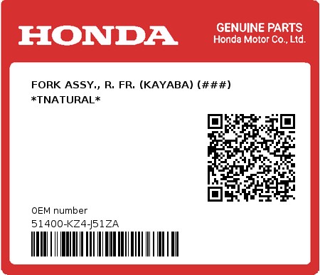 Product image: Honda - 51400-KZ4-J51ZA - FORK ASSY., R. FR. (KAYABA) (###) *TNATURAL*  0