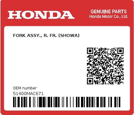 Product image: Honda - 51400MAC671 - FORK ASSY., R. FR. (SHOWA)  0