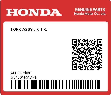 Product image: Honda - 51400MKAD71 - FORK ASSY., R. FR.  0
