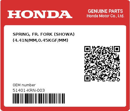 Product image: Honda - 51401-KRN-003 - SPRING, FR. FORK (SHOWA) (4.41N/MM,0.45KGF/MM)  0