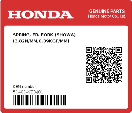 Product image: Honda - 51401-KZ3-J01 - SPRING, FR. FORK (SHOWA) (3.82N/MM,0.39KGF/MM)  0