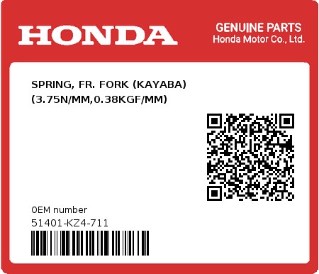 Product image: Honda - 51401-KZ4-711 - SPRING, FR. FORK (KAYABA) (3.75N/MM,0.38KGF/MM)  0
