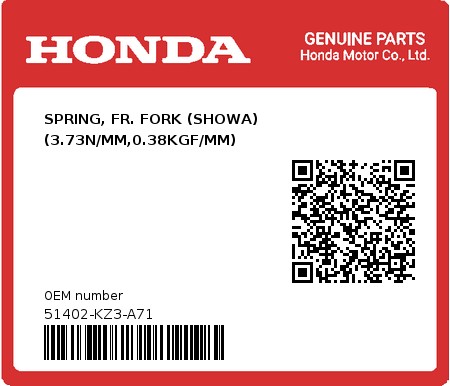 Product image: Honda - 51402-KZ3-A71 - SPRING, FR. FORK (SHOWA) (3.73N/MM,0.38KGF/MM)  0