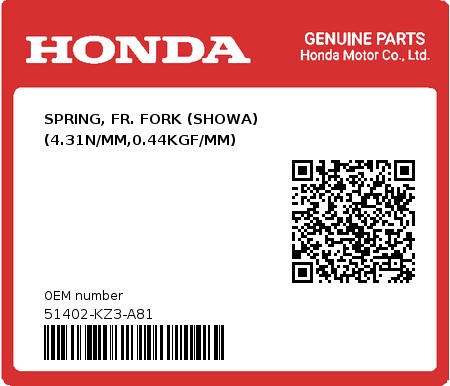 Product image: Honda - 51402-KZ3-A81 - SPRING, FR. FORK (SHOWA) (4.31N/MM,0.44KGF/MM)  0