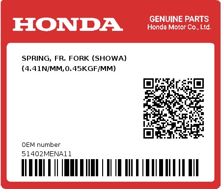 Product image: Honda - 51402MENA11 - SPRING, FR. FORK (SHOWA) (4.41N/MM,0.45KGF/MM)  0