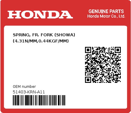Product image: Honda - 51403-KRN-A11 - SPRING, FR. FORK (SHOWA) (4.31N/MM,0.44KGF/MM)  0