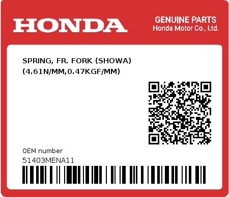 Product image: Honda - 51403MENA11 - SPRING, FR. FORK (SHOWA) (4.61N/MM,0.47KGF/MM)  0