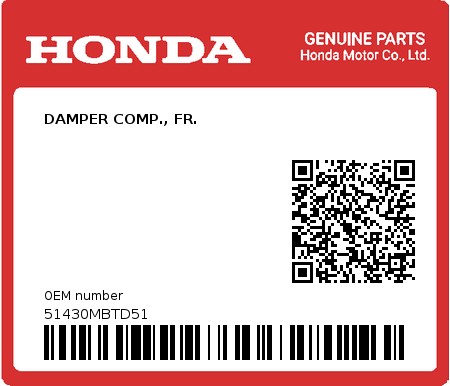 Product image: Honda - 51430MBTD51 - DAMPER COMP., FR.  0