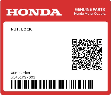 Product image: Honda - 51451KS7003 - NUT, LOCK  0