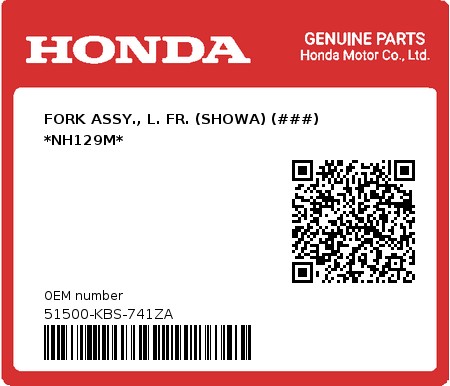 Product image: Honda - 51500-KBS-741ZA - FORK ASSY., L. FR. (SHOWA) (###) *NH129M*  0