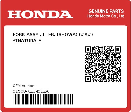 Product image: Honda - 51500-KZ3-J51ZA - FORK ASSY., L. FR. (SHOWA) (###) *TNATURAL*  0