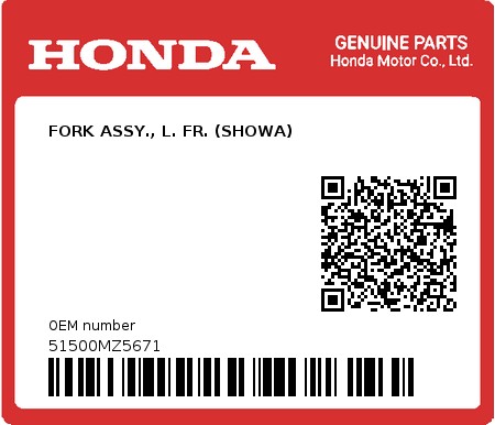 Product image: Honda - 51500MZ5671 - FORK ASSY., L. FR. (SHOWA)  0