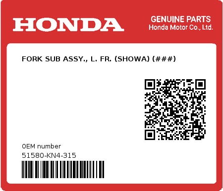 Product image: Honda - 51580-KN4-315 - FORK SUB ASSY., L. FR. (SHOWA) (###)  0