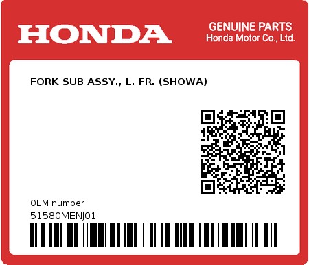 Product image: Honda - 51580MENJ01 - FORK SUB ASSY., L. FR. (SHOWA)  0
