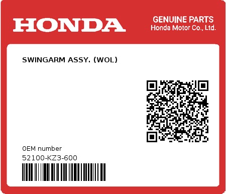 Product image: Honda - 52100-KZ3-600 - SWINGARM ASSY. (WOL)  0