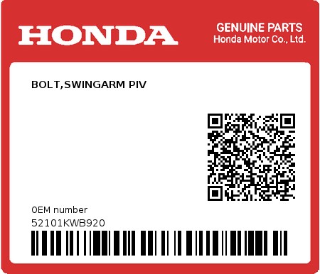 Product image: Honda - 52101KWB920 - BOLT,SWINGARM PIV  0