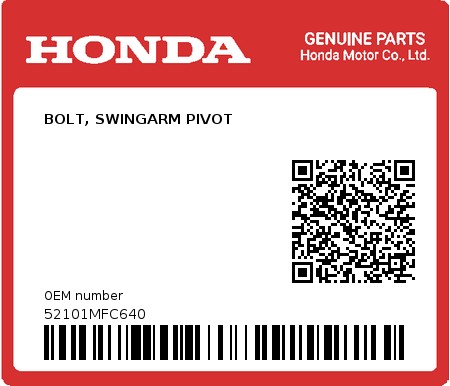 Product image: Honda - 52101MFC640 - BOLT, SWINGARM PIVOT  0