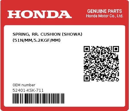 Product image: Honda - 52401-KSK-711 - SPRING, RR. CUSHION (SHOWA) (51N/MM,5.2KGF/MM)  0