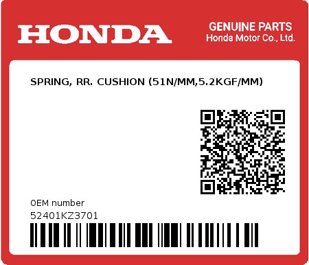 Product image: Honda - 52401KZ3701 - SPRING, RR. CUSHION (51N/MM,5.2KGF/MM)  0