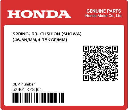 Product image: Honda - 52401-KZ3-J01 - SPRING, RR. CUSHION (SHOWA) (46.6N/MM,4.75KGF/MM)  0