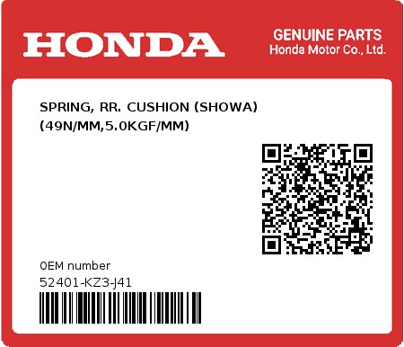Product image: Honda - 52401-KZ3-J41 - SPRING, RR. CUSHION (SHOWA) (49N/MM,5.0KGF/MM)  0