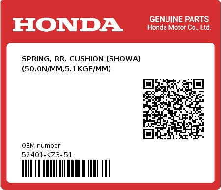 Product image: Honda - 52401-KZ3-J51 - SPRING, RR. CUSHION (SHOWA) (50.0N/MM,5.1KGF/MM)  0