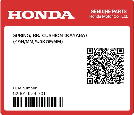 Product image: Honda - 52401-KZ4-701 - SPRING, RR. CUSHION (KAYABA) (49N/MM,5.0KGF/MM)  0