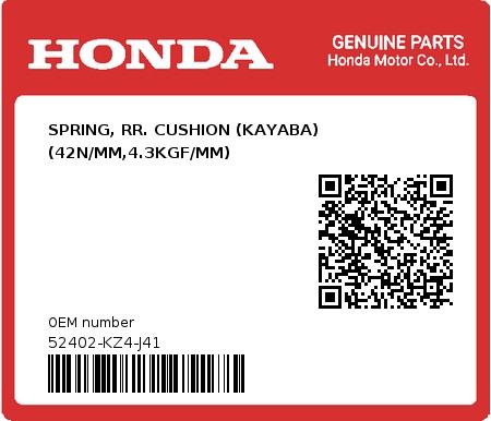 Product image: Honda - 52402-KZ4-J41 - SPRING, RR. CUSHION (KAYABA) (42N/MM,4.3KGF/MM)  0