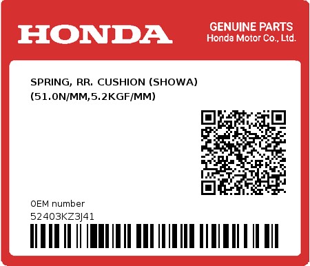 Product image: Honda - 52403KZ3J41 - SPRING, RR. CUSHION (SHOWA) (51.0N/MM,5.2KGF/MM)  0