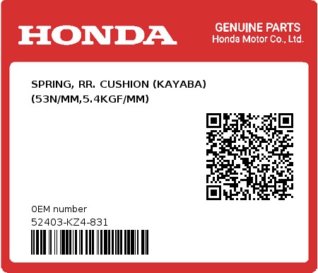 Product image: Honda - 52403-KZ4-831 - SPRING, RR. CUSHION (KAYABA) (53N/MM,5.4KGF/MM)  0