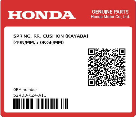 Product image: Honda - 52403-KZ4-A11 - SPRING, RR. CUSHION (KAYABA) (49N/MM,5.0KGF/MM)  0