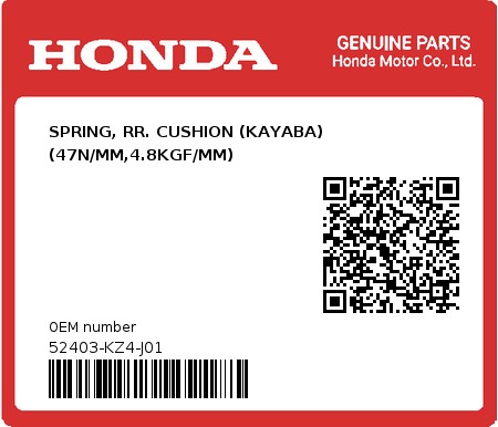 Product image: Honda - 52403-KZ4-J01 - SPRING, RR. CUSHION (KAYABA) (47N/MM,4.8KGF/MM)  0