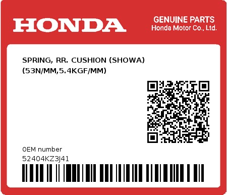 Product image: Honda - 52404KZ3J41 - SPRING, RR. CUSHION (SHOWA) (53N/MM,5.4KGF/MM)  0