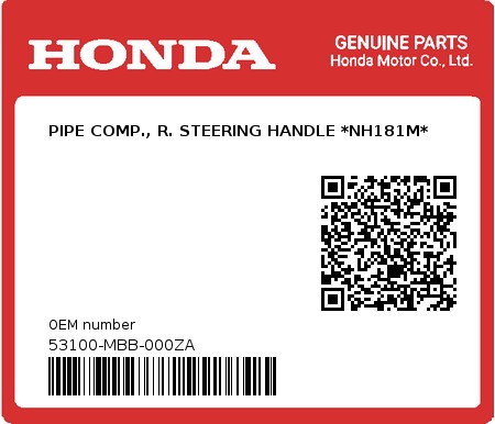 Product image: Honda - 53100-MBB-000ZA - PIPE COMP., R. STEERING HANDLE *NH181M*  0