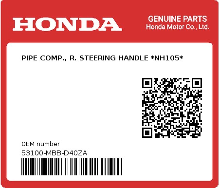Product image: Honda - 53100-MBB-D40ZA - PIPE COMP., R. STEERING HANDLE *NH105*  0