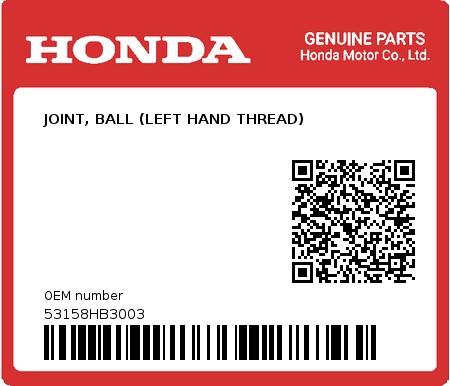 Product image: Honda - 53158HB3003 - JOINT, BALL (LEFT HAND THREAD)  0