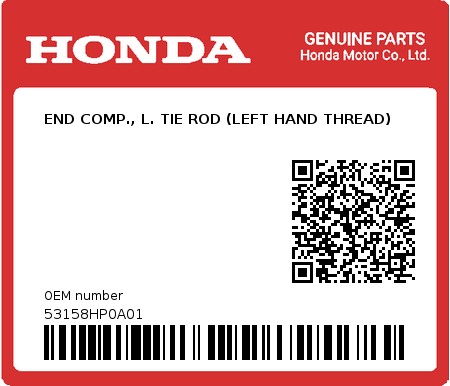 Product image: Honda - 53158HP0A01 - END COMP., L. TIE ROD (LEFT HAND THREAD)  0