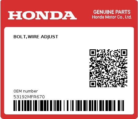 Product image: Honda - 53192MFR670 - BOLT,WIRE ADJUST  0