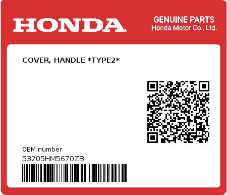 Product image: Honda - 53205HM5670ZB - COVER, HANDLE *TYPE2*  0