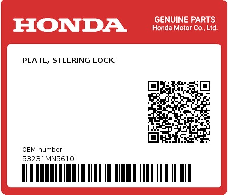 Product image: Honda - 53231MN5610 - PLATE, STEERING LOCK  0