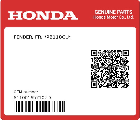 Product image: Honda - 61100165710ZD - FENDER, FR. *PB118CU*  0